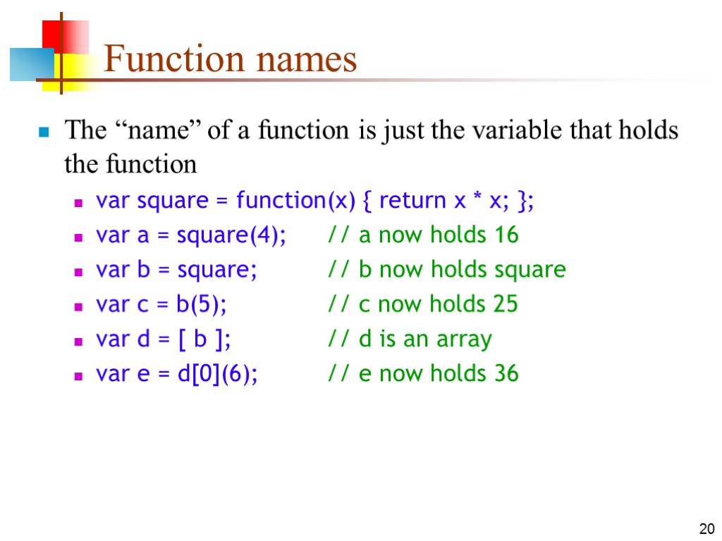 20 Function names The “name” of a function is just the variable that holds